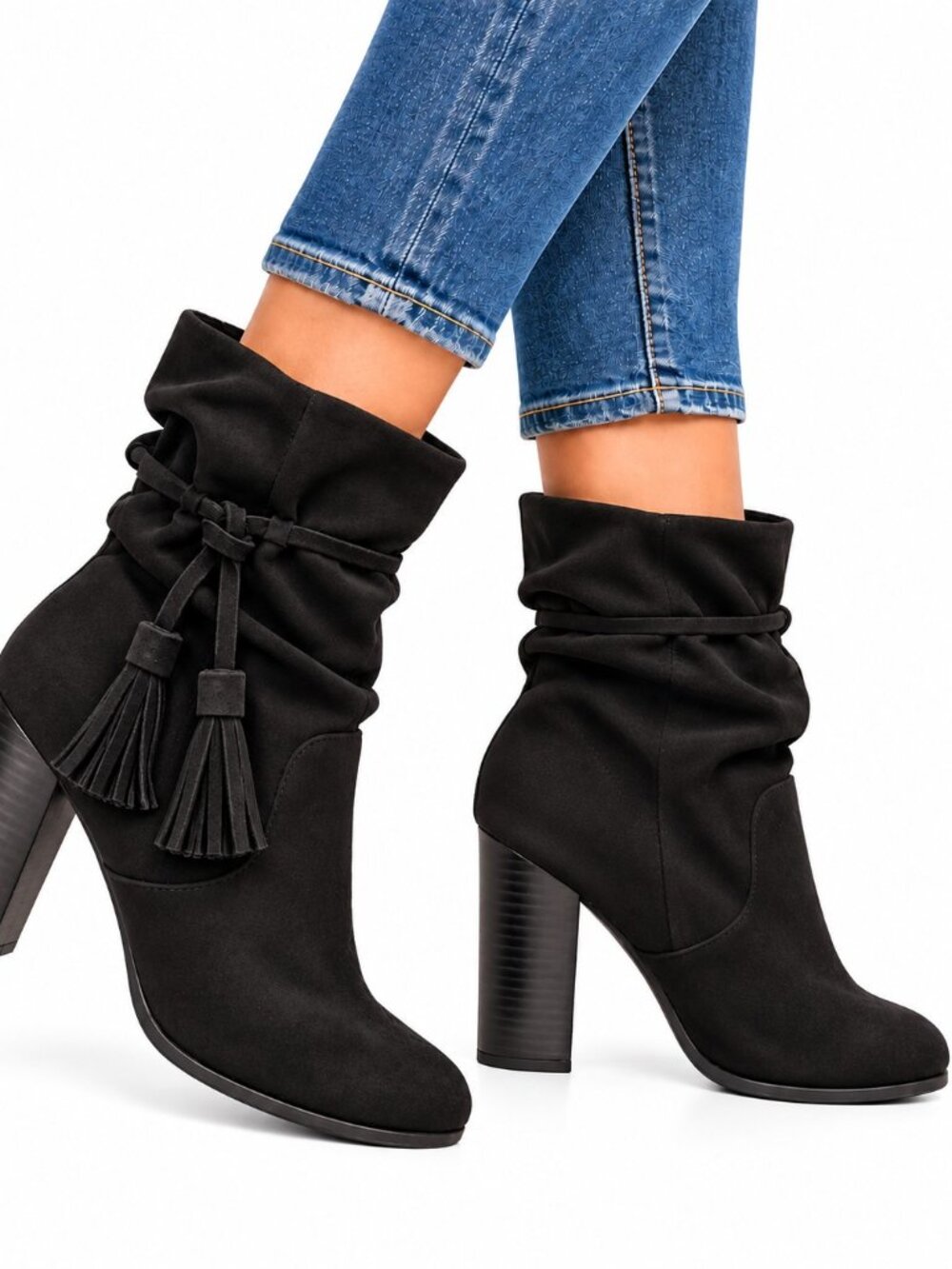 A+ Boots Womens 7 Black Faux Suede Slouch Tassel Block Heel Pull On Booties